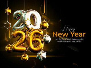 Happy New Year 2026 foil balloons 3d banner design template