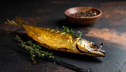 A golden smoked fish with herbs, resting on a dark slate surface, small bowl of peppercorns behind