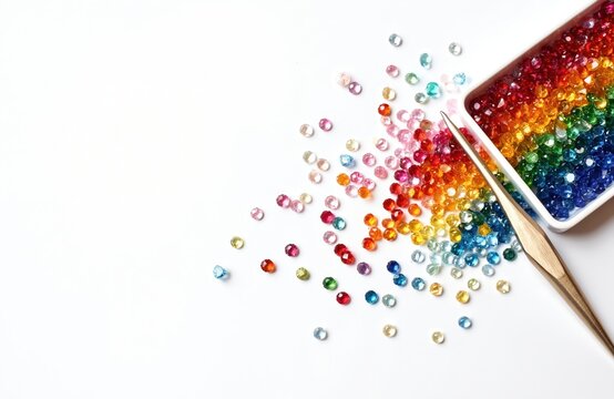 Colorful faceted gems, craft tools lay scattered on white surface. Small beads arranged in rainbow gradient in tray, ready for diamond painting mosaic art. Hobby crafting supplies for creative