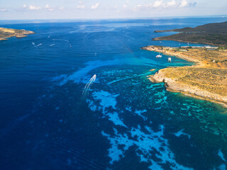 Blue Lagoon on Comino Island, Malta - aerial drone view