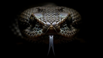 Close-up macro shot of a viper's head with forked tongue extended, showcasing its scales and reptilian eyes in dramatic lighting