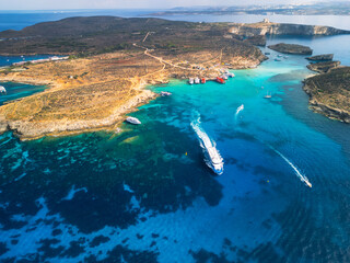 Blue Lagoon on Comino Island, Malta - aerial drone view