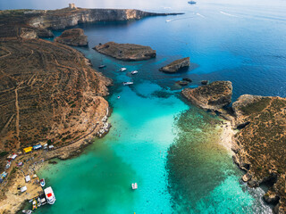 Blue Lagoon on Comino Island, Malta - aerial drone view