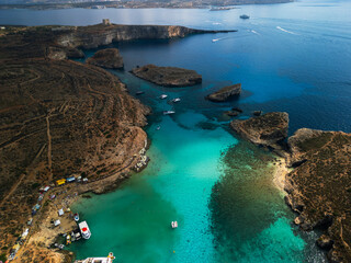 Blue Lagoon on Comino Island, Malta - aerial drone view