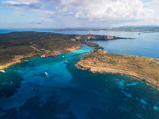 Blue Lagoon on Comino Island, Malta - aerial drone view