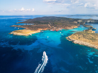 Blue Lagoon on Comino Island, Malta - aerial drone view