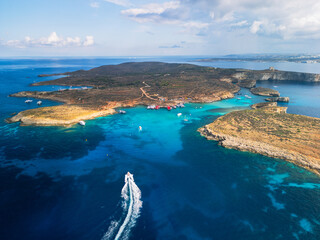 Blue Lagoon on Comino Island, Malta - aerial drone view