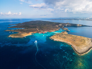 Blue Lagoon on Comino Island, Malta - aerial drone view
