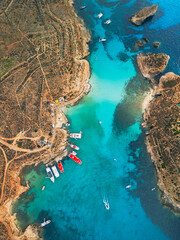 Blue Lagoon on Comino Island, Malta - aerial drone view
