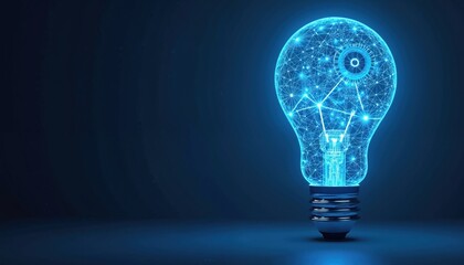 Glowing abstract light bulb constructed from connected digital network nodes, internal gears. Futuristic concept artificial intelligence, machine learning, bright ideas with glowing blue elements,
