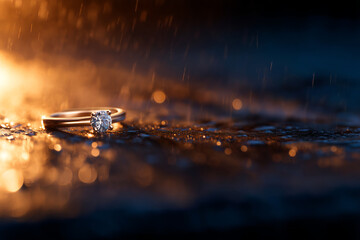 Diamond ring glistens on wet surface, illuminated by warm light, creating romantic atmosphere