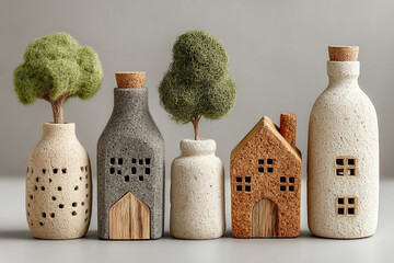 Decorative vases resembling houses with greenery, showcasing sustainable living concepts