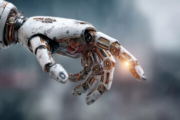Robotic hand reaching out, showcasing intricate details and futuristic design, evokes curiosity