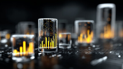 Transparent data charts display vibrant colors glass containers, symbolizing marketing concepts