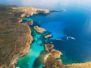 Blue Lagoon on Comino Island, Malta - aerial drone view