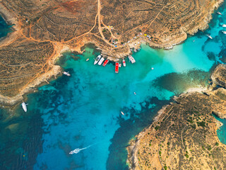 Blue Lagoon on Comino Island, Malta - aerial drone view