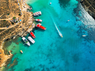 Blue Lagoon on Comino Island, Malta - aerial drone view