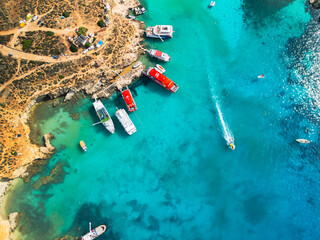Blue Lagoon on Comino Island, Malta - aerial drone view