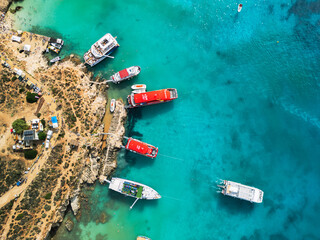 Blue Lagoon on Comino Island, Malta - aerial drone view