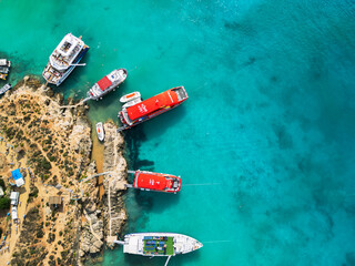 Blue Lagoon on Comino Island, Malta - aerial drone view