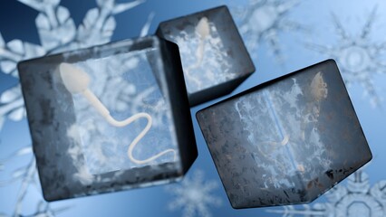 3D sperm cell inside an ice cube, symbolizing sperm banking and fertility preservation. It represents cryopreservation: freezing sperm in liquid nitrogen for future assisted reproduction.