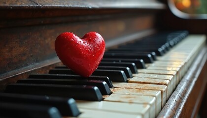 Red heart with water droplets rests on vintage piano keys. Old musical instrument evokes love passion melody and sad romantic feelings. Classic object detail.