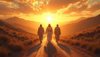 Obraz premium Three men walk on a dirt road during a bright sunset. Jesus and two disciples journey through a mountainous desert landscape. Their robes are white and flowing.