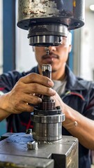 A person in blue uniform operates a steel machine, holding metal piece, and wearing safety glasses