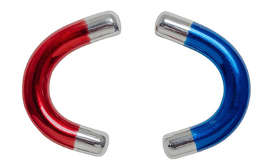 Red and blue horseshoe magnet with shiny finish highlighting classic magnetic design and vibrant colors isolated on transparent background PNG