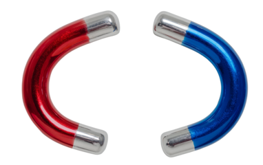 Red and blue horseshoe magnet with shiny finish highlighting classic magnetic design and vibrant colors isolated on transparent background PNG