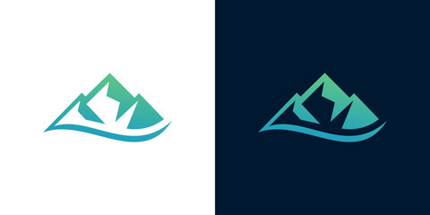 Abstract geometric mountain and wave logo design, symbolizing nature, adventure, and serenity with a modern, clean aesthetic