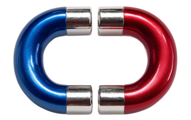 Glossy magnet in horseshoe shape showcasing strong magnetic properties and polished metallic surfaces isolated on transparent background PNG