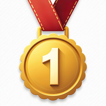 Golden medal with red ribbon shows number one. Symbolizes victory achievement best result and top position in any competition or challenge.