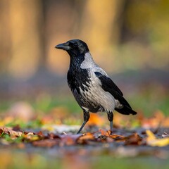 A gray and black crow stands on a bed of fallen leaves, with a blurred forest background, in autumn