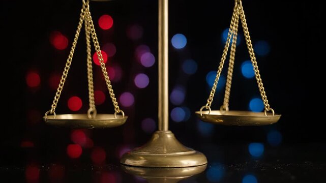 Close up of a golden balance scale against a dark background with bokeh lights to represent justice and fairness in legal system.