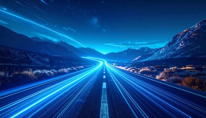 A long road with bright light streaks leads to the distant mountains under the blue starry night sky