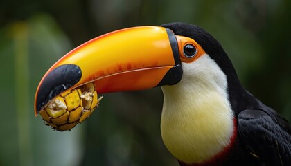Close up of a toucan with a bright orange beak eating wild jungle fruit