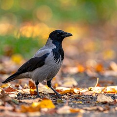 A gray and black crow stands on a path strewn with autumn leaves, blurred trees in the backdrop
