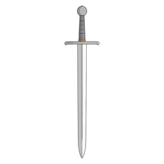 A long, straight, gray, two-handed sword with round pommel, guard and ridged handle, center on white