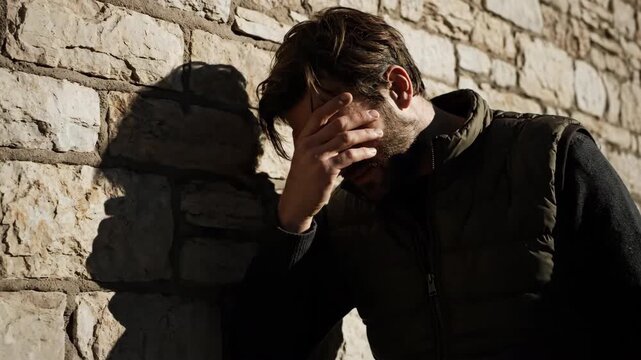 A bearded man in a black sweater, leans against a stone wall. Experiencing despair and shadowed by harsh sunlight, visually representing struggle.