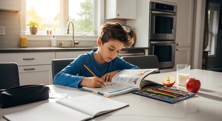 Young boy diligently working on homework at a bright kitchen table.