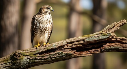 A Merlin Falcon Perched on a Gnarled Tree Branch in a Forest Setting.