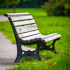A weathered wooden bench sits on vibrant green grass in a park setting, hinting at peaceful solitude