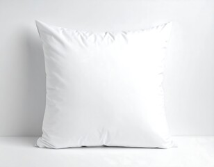 A square, white pillow stands upright against a white wall, casting a soft shadow