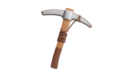 3D Stylized 3D pickaxe with wooden handle and rope on transparent background