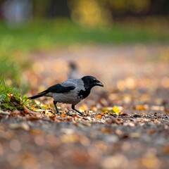A gray crow with a black head walking on a leaf-covered path, trees blurred in the background, in autumn light