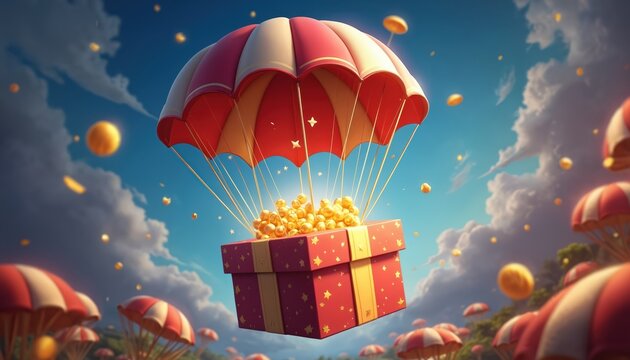 Gift box descends by parachute from sky filled with clouds and floating golden coins. Many other parachutes with gifts are visible on background.