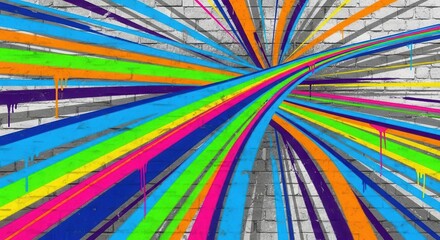 Vibrant, curving, colorful stripes dramatically cross over a textured gray brick wall background