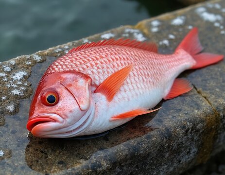 Red seabream fish lies on wet stone surface near water. Fresh catch is ready for cooking. Healthy sea food, seafood, ocean life, nutrition. Saltwater species.