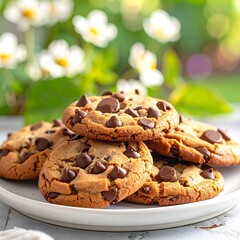 A stack of chocolate chip cookies on a white plate with a blurry floral background